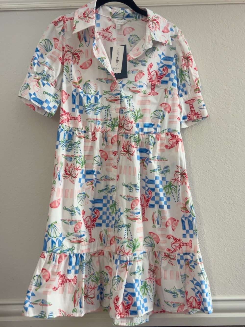 Crown & Ivy Coastal Lobster Print Tiered Midi Dress NWT Size Small